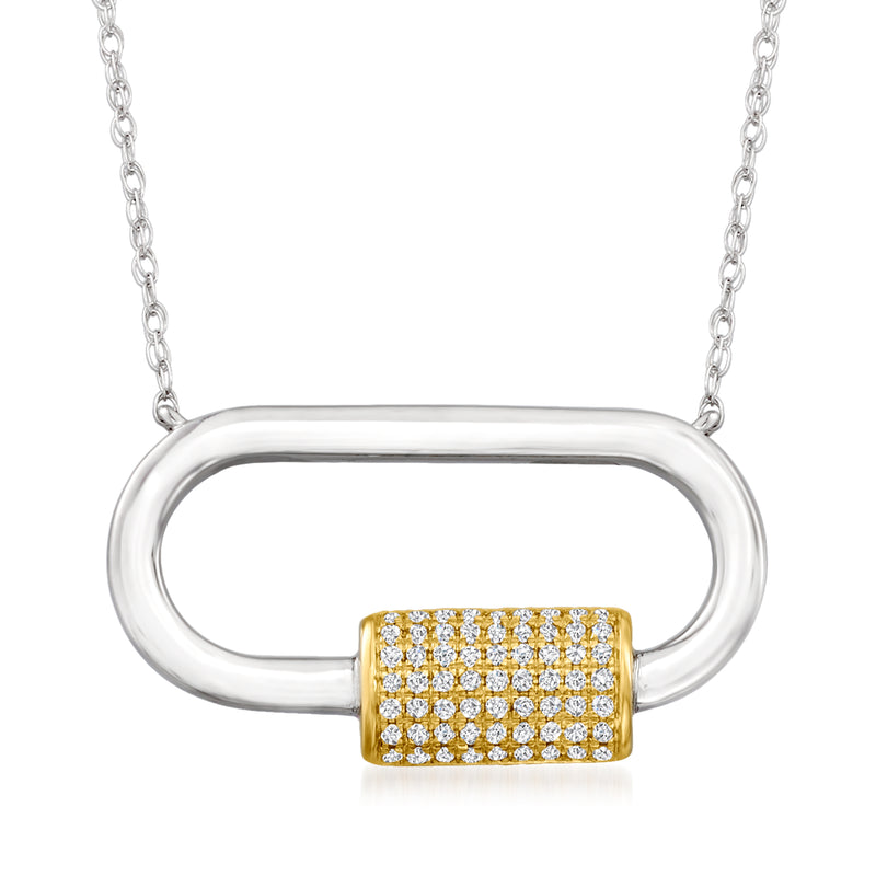 Sterling silver carabiner-link necklace with 14kt yellow gold diamond pavé clasp