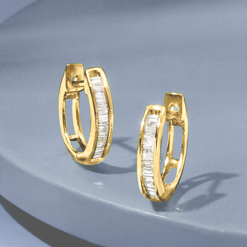 Diamond huggie hoop earrings in 18kt gold over sterling with baguette-style stones