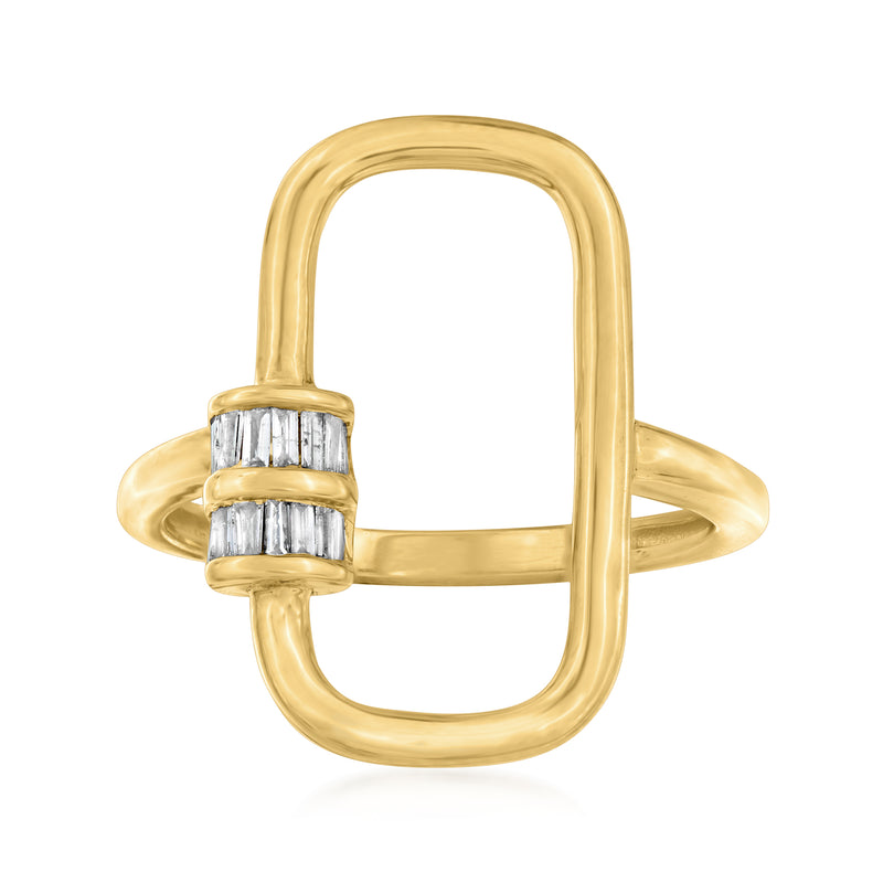 Gold carabiner-link ring with baguette diamond accents, open oval frame