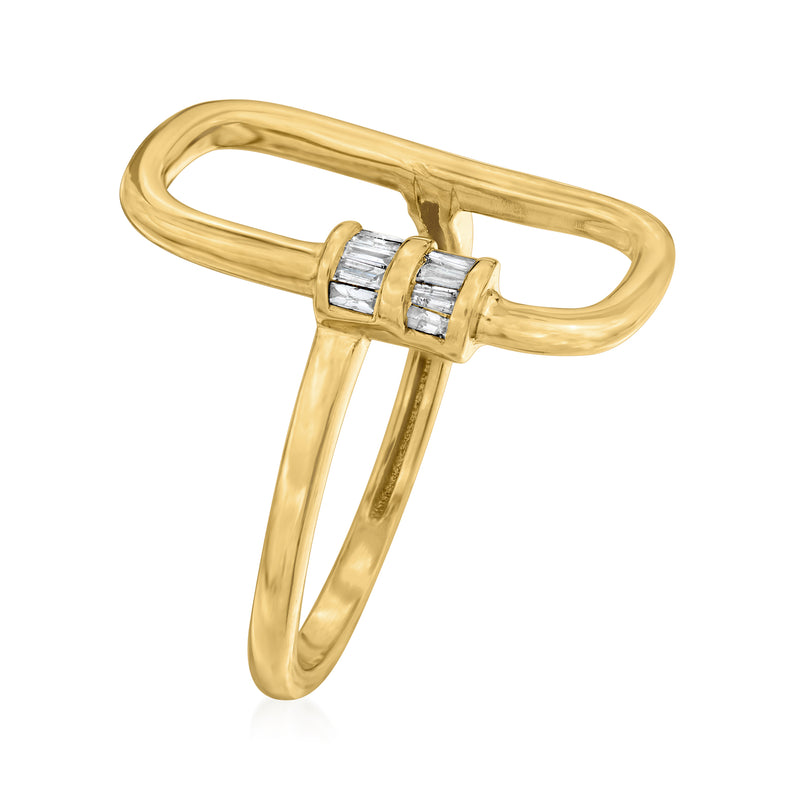 Gold tapered open oval ring with baguette-cut diamond bar centerpiece, side view