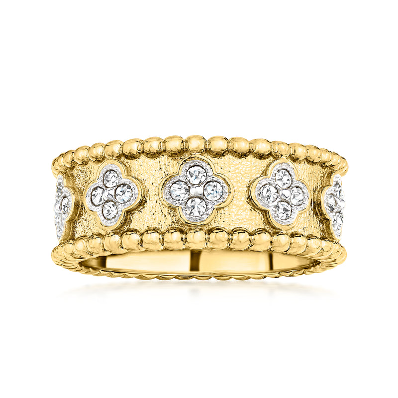 Gold clover diamond ring with three round-stone clusters, beaded edge
