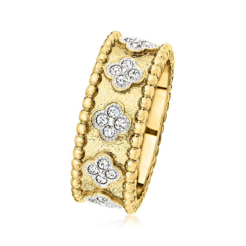 Gold clover diamond ring close-up, round diamond clusters on textured band