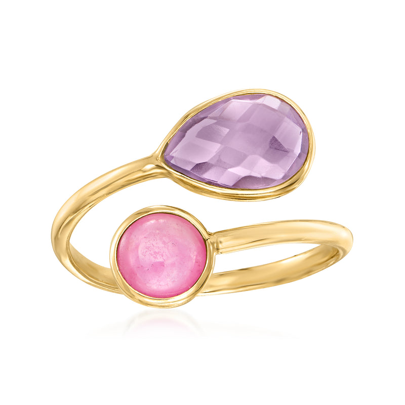 14kt yellow gold bypass ring with oval purple amethyst and pink sapphire stones