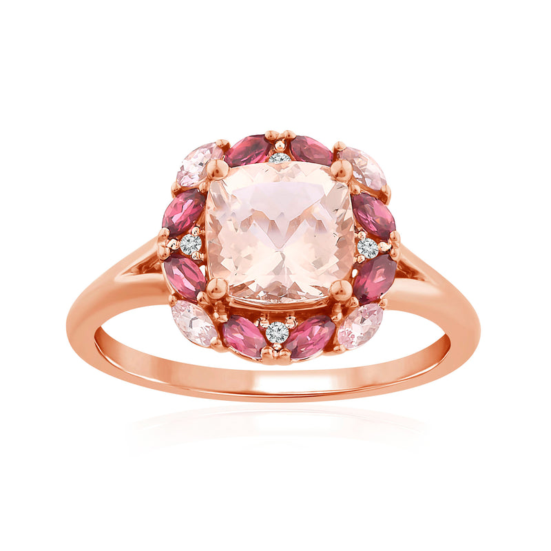 Rose gold ring with cushion-cut morganite center, pink halo stones, diamond accents