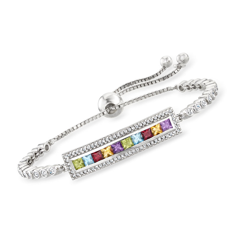 Sterling silver bolo bracelet with rectangular multicolor gemstone inlay and rhinestone trim