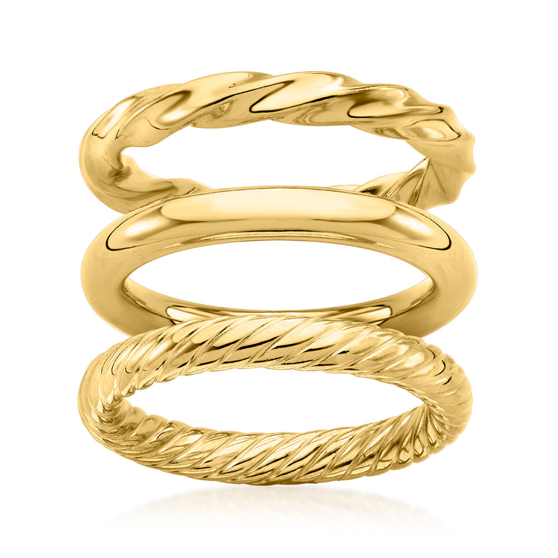 Gold over sterling three-ring set with polished smooth and braided bands