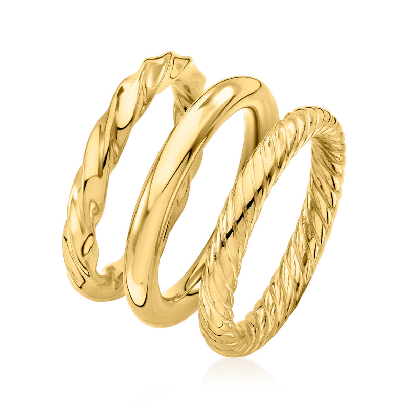Gold over sterling three-ring set: twisted braided band plus two smooth polished bands