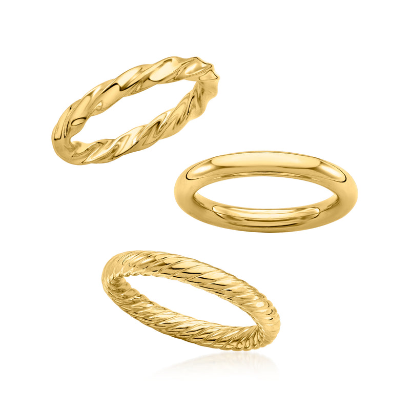 Gold over sterling three-ring set: braided band, ridged band, and smooth band