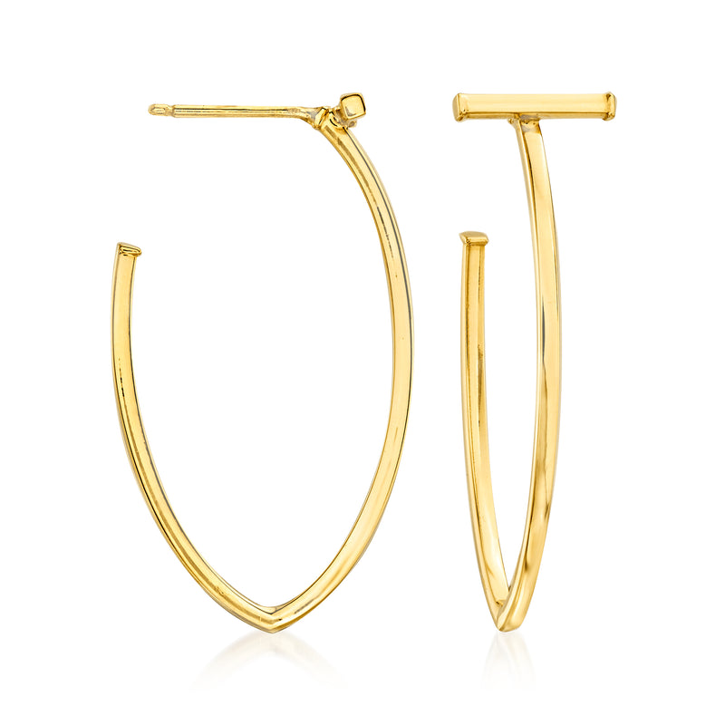 14kt yellow gold T-bar hoop earrings, hinged oval hoops with rectangular bar detail
