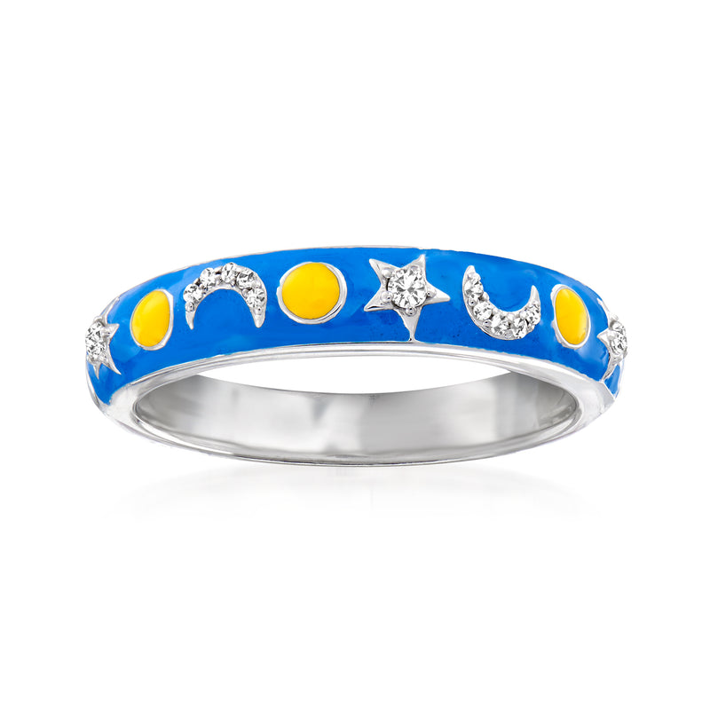 Sterling silver ring with blue enamel star and moon, diamond accents, yellow enamel dots
