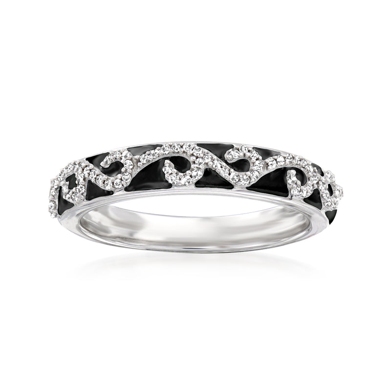 Sterling silver diamond swirl ring with black enamel accents and round-cut stones