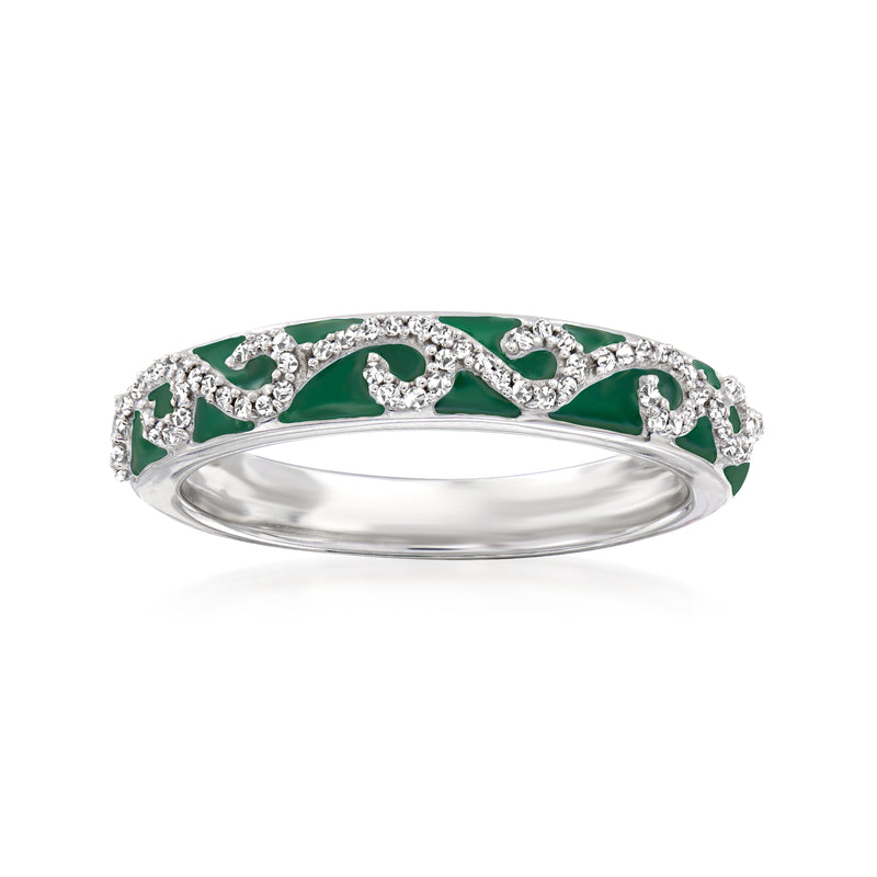 Sterling silver diamond swirl ring with green enamel and small clear stone accents