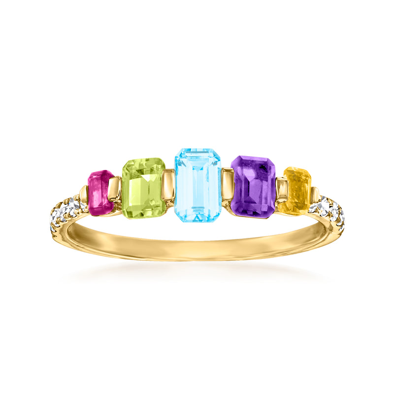 14kt yellow gold ring with multi-gemstones, blue-green-purple center stones, diamond accents
