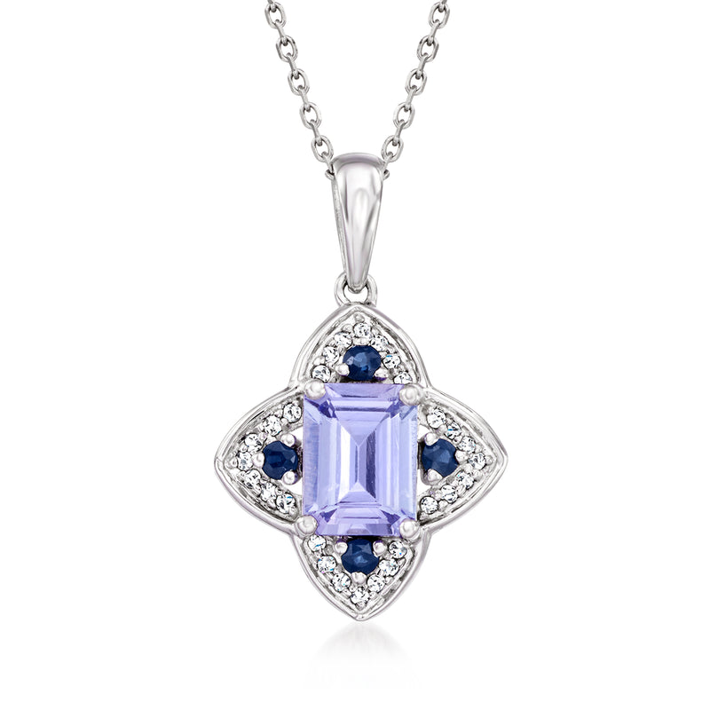 14kt white gold pendant necklace with blue center gemstone and diamond halo