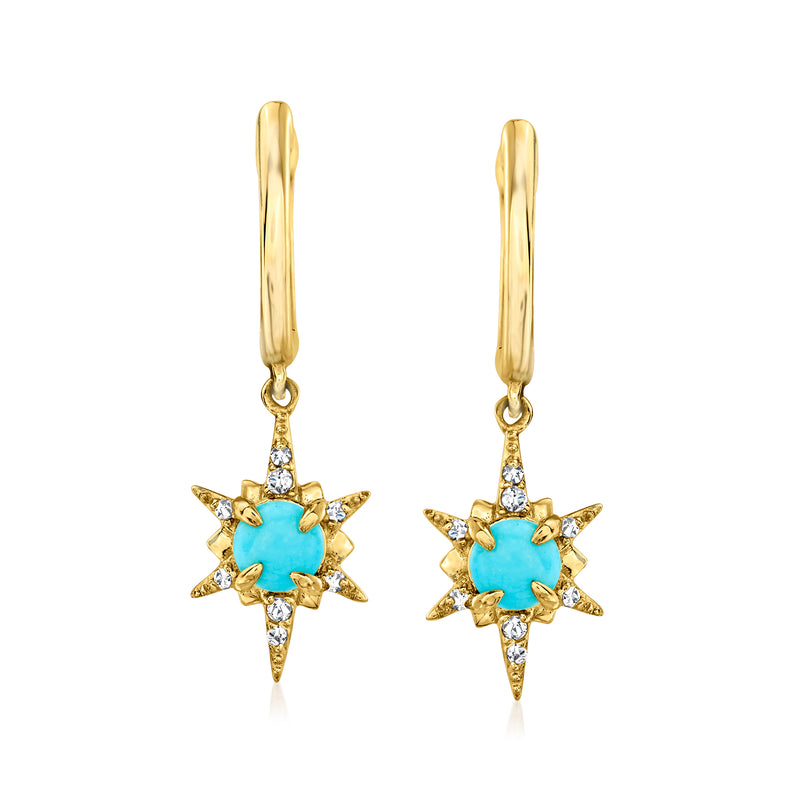 14kt yellow gold drop earrings with turquoise starburst center and diamond accents