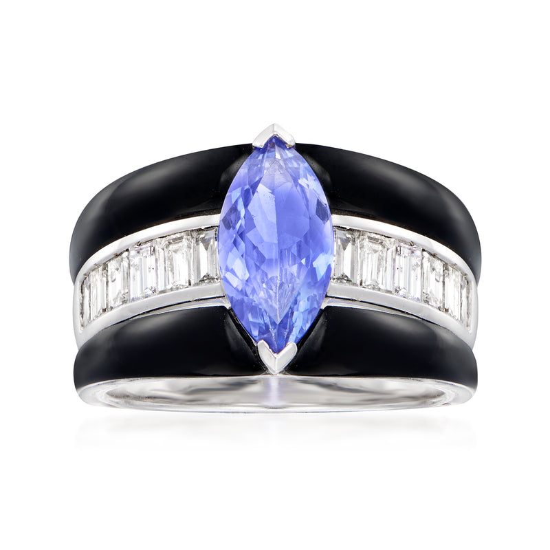 Black agate and white gold ring with pear-cut blue tanzanite center and baguette diamonds
