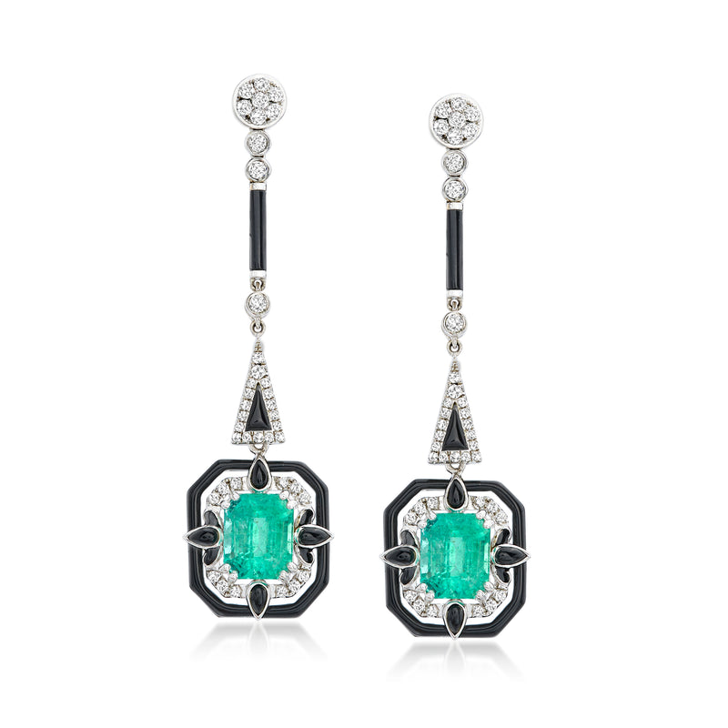 Drop earrings in 18k white gold with emerald-green center, diamond halos, black agate details
