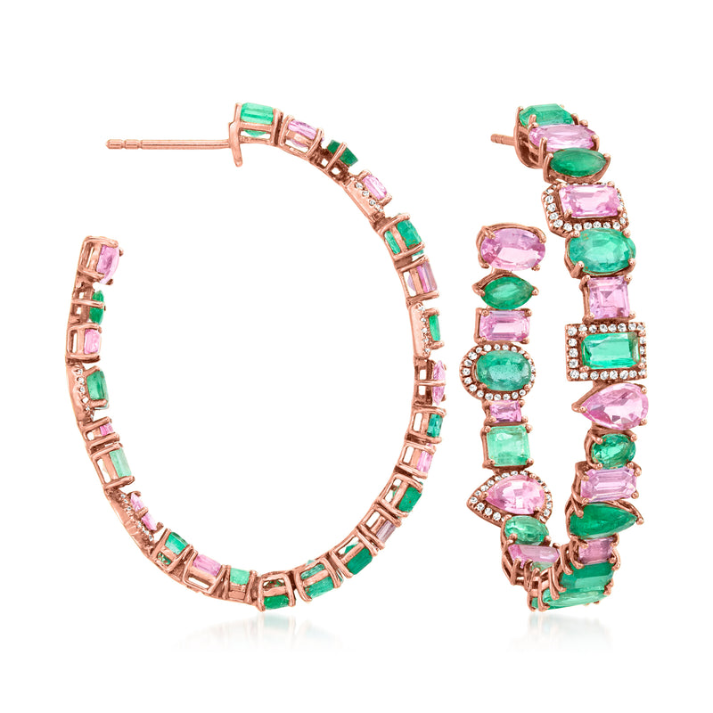 18kt rose gold hoop earrings with pink and green gemstone accents and diamond details