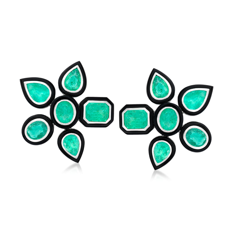 Flower earrings with green stones, black bezels, and white-gold posts
