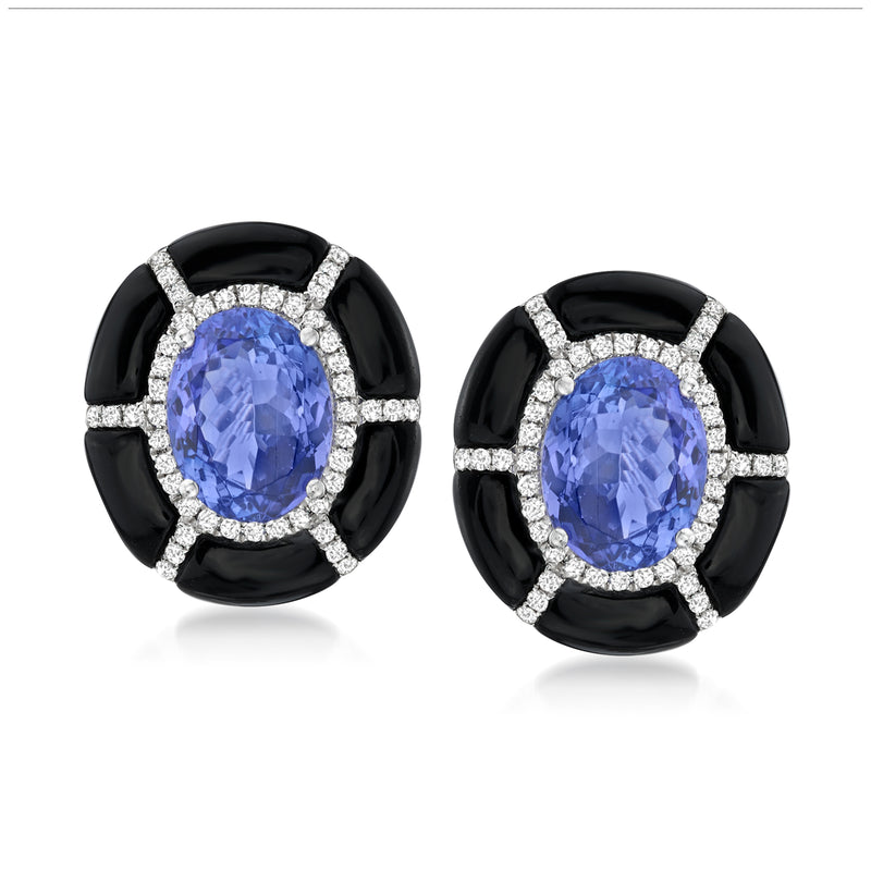 18kt white gold earrings with oval blue tanzanite, black agate, and diamond accents