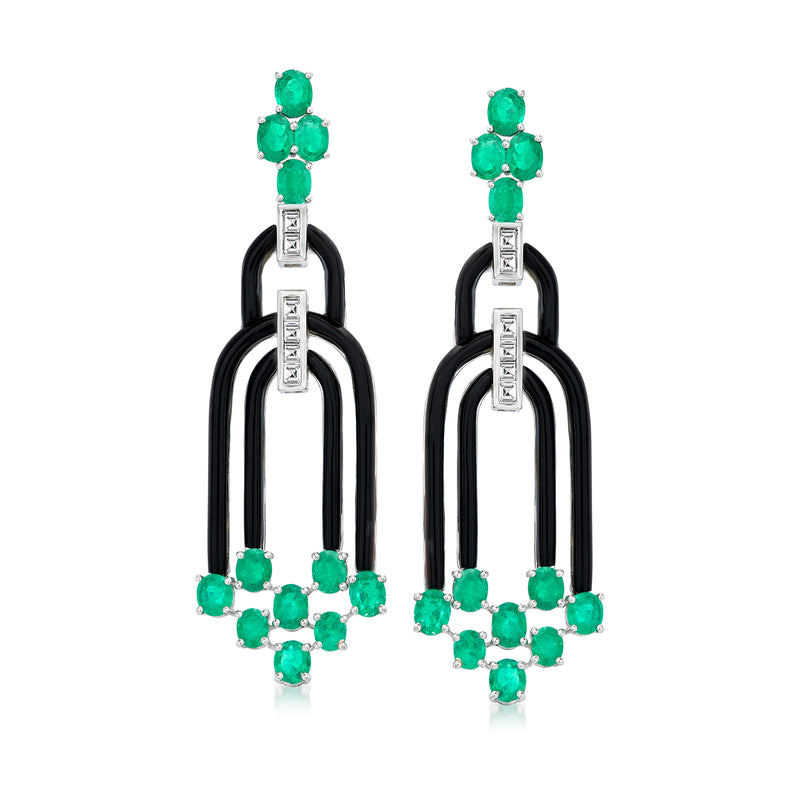 White gold drop earrings with emerald green stones and black agate hoop frames