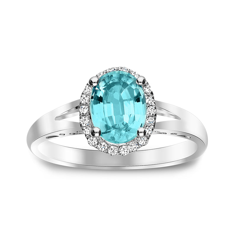 14kt white gold blue zircon and diamond halo ring
