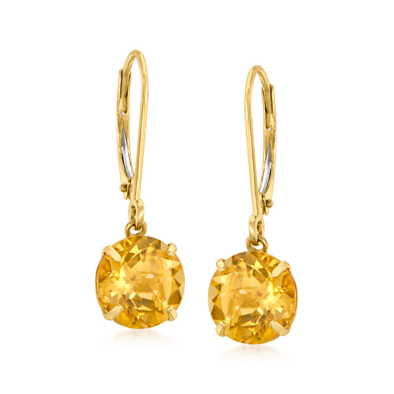 14kt yellow gold leverback drop earrings with round citrine gemstones