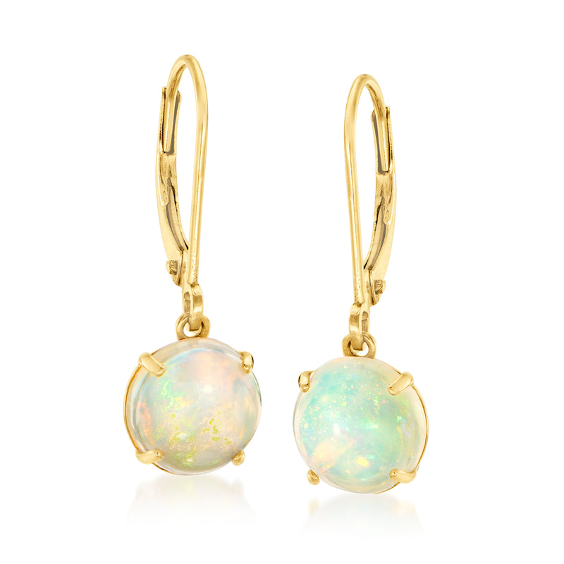 14kt yellow gold opal drop leverback earrings, round opal cabochons