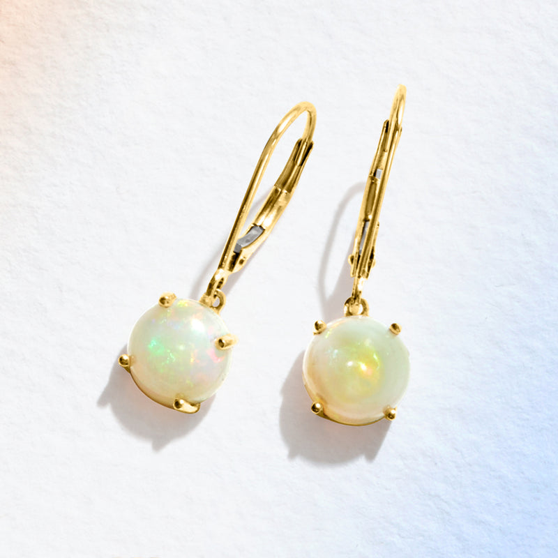 14kt yellow gold opal drop leverback earrings, round opal stones with gold bezel