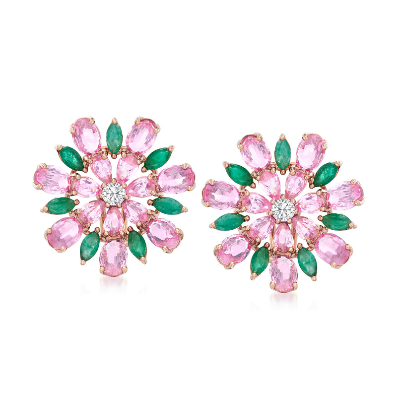 Rose gold flower stud earrings with pink sapphires, green emerald leaves, and a diamond center.