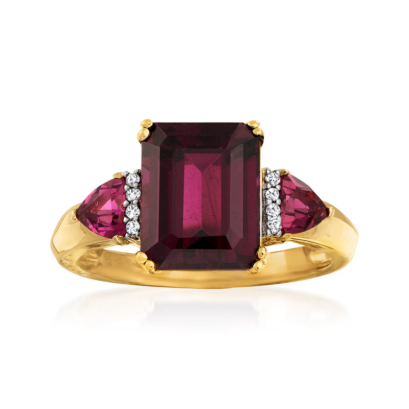 14kt yellow gold ring with large dark rhodolite-style gemstone, diamond side accents