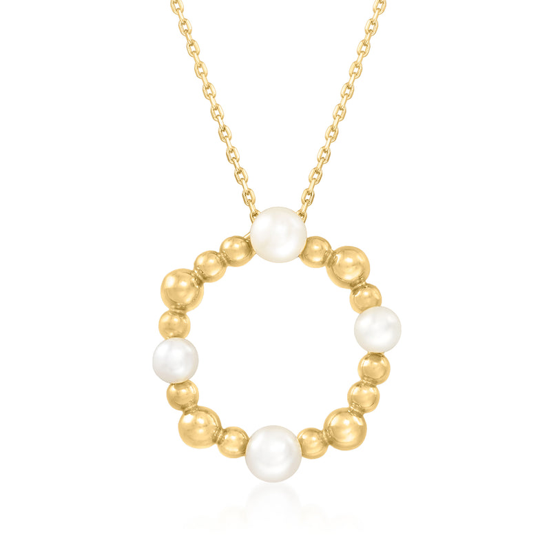 Gold-tone circle pendant with cultured pearls and bead detail on chain necklace