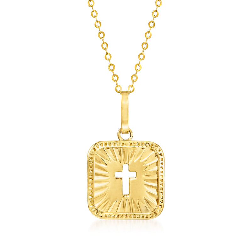 18kt yellow gold cross tag necklace with square pendant and centered cross