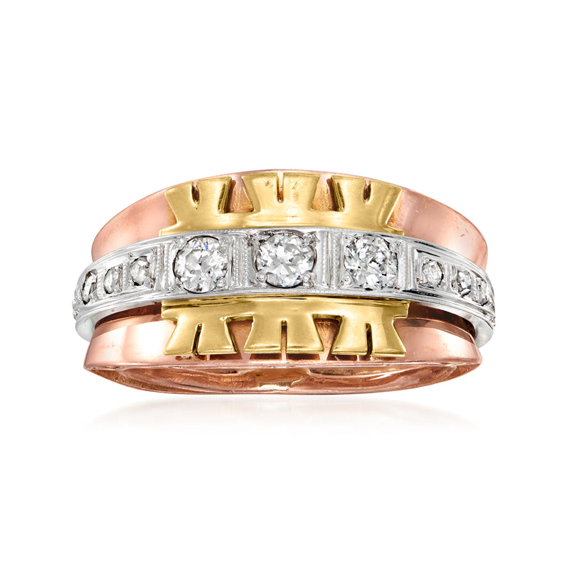 Tri-colored gold diamond fashion ring with round-cut stones