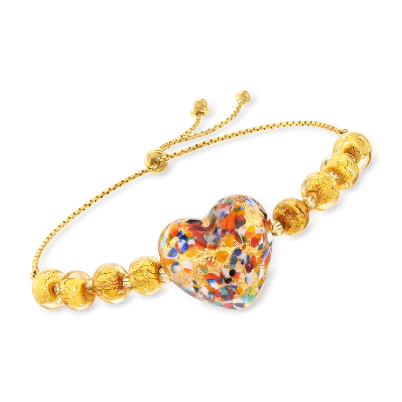 18kt gold bolo bracelet with multicolored Murano heart glass bead and round spacer beads