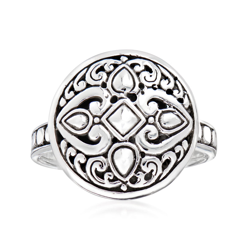 Sterling silver circle ring with ornate filigree medallion and smooth band
