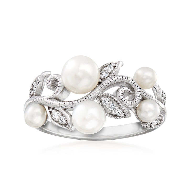 Sterling silver cultured pearl leaf ring with diamonds