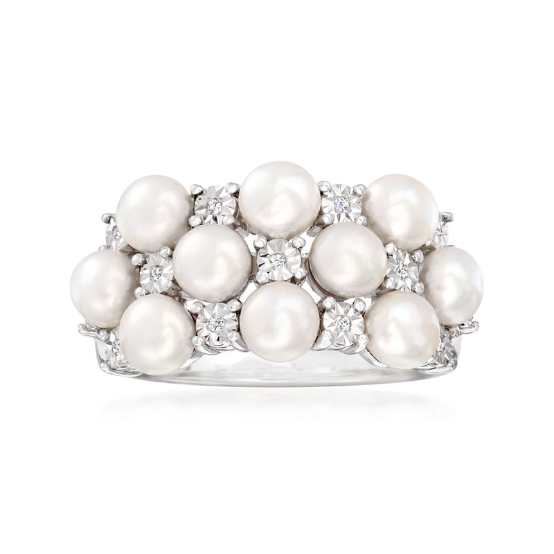 Sterling silver ring with clustered white cultured pearls and small diamond accents