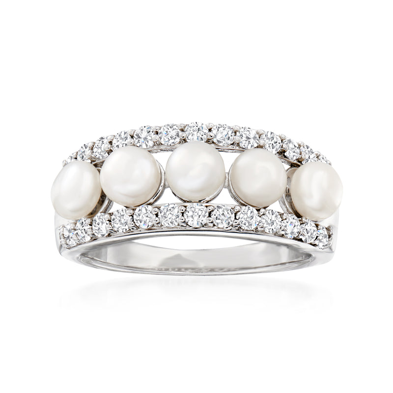 Sterling silver ring with cultured pearls and white gemstone pave