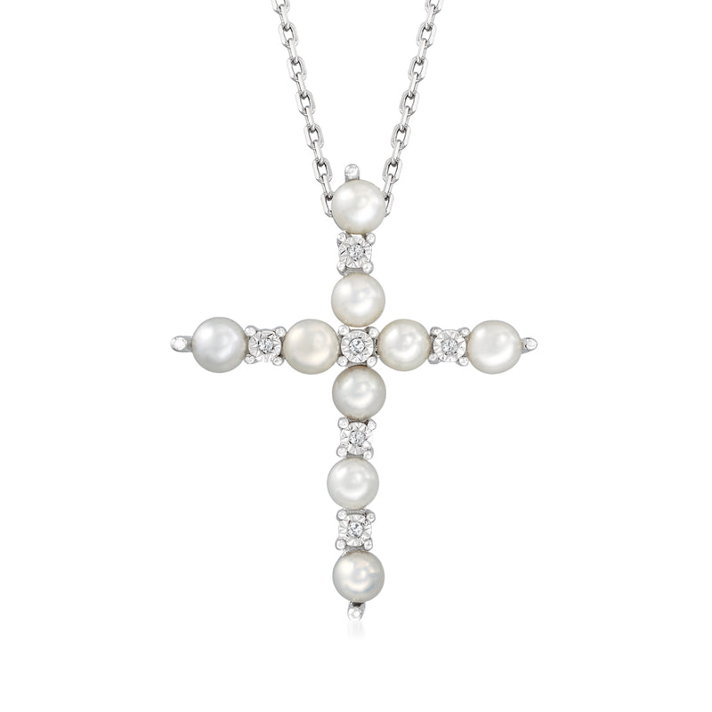 Sterling silver cross pendant necklace with cultured pearls and small diamond accents