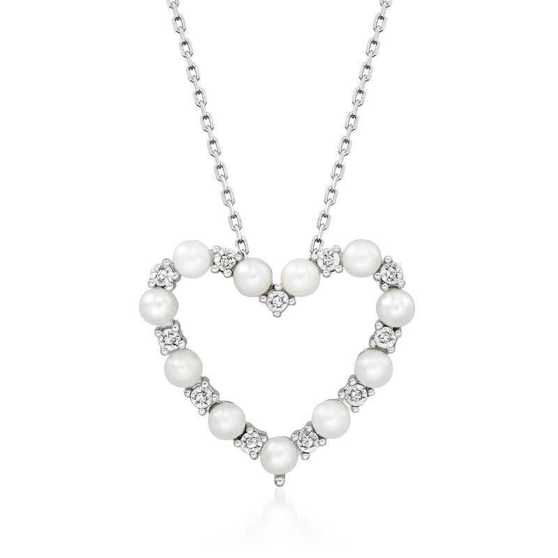 Sterling silver heart necklace with white cultured pearls and diamond-like accents