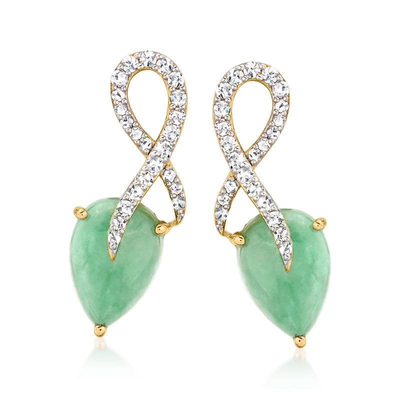 18kt gold drop earrings with green teardrop stone and clear zircon double-loop design