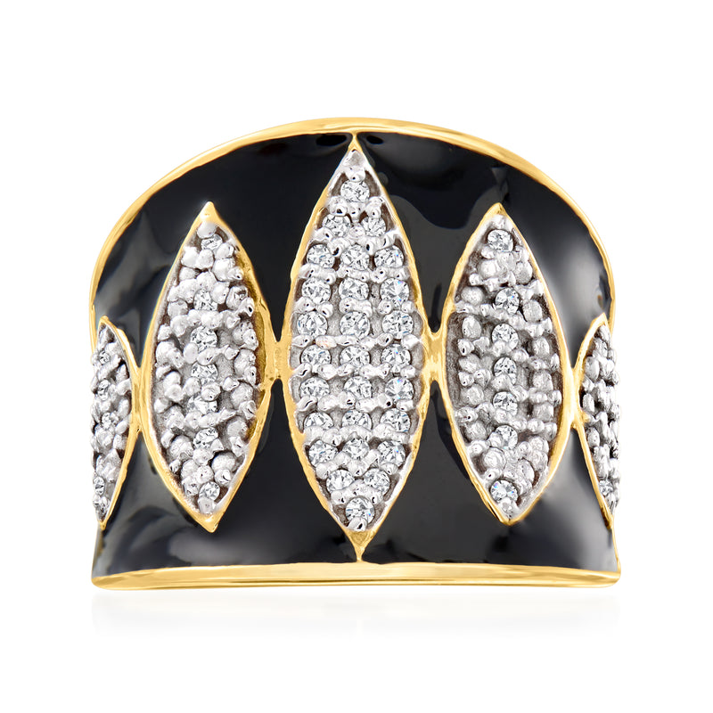 Gold ring with black enamel top and three oval diamond clusters, bezel-set