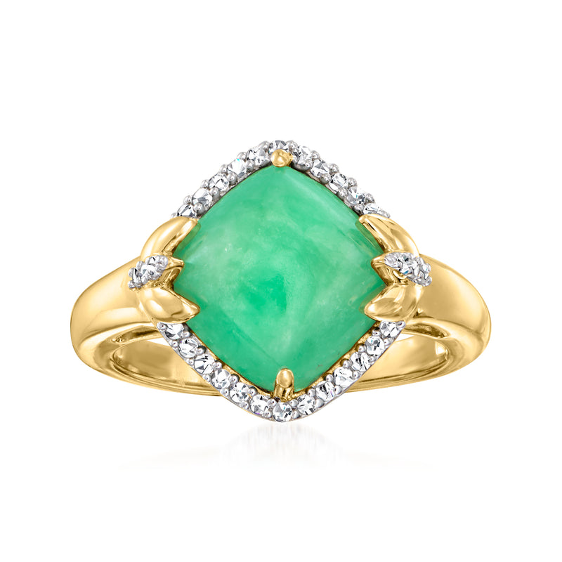 18kt gold over sterling ring with green cushion zircon center and diamond-look halo