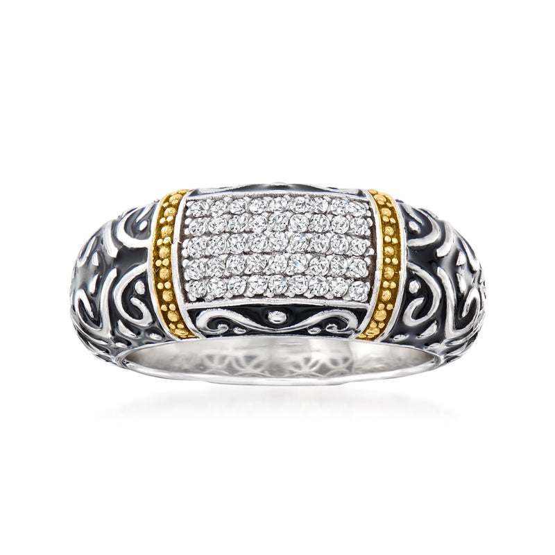 Two-tone sterling silver diamond ring with black enamel scrollwork and rectangular pave center