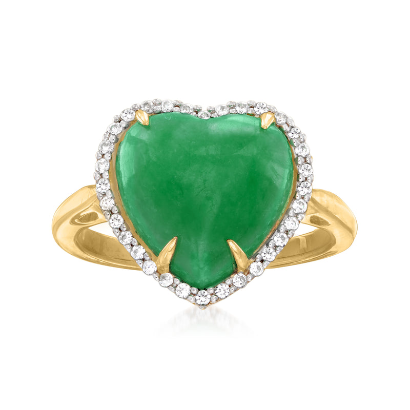 Green heart zircon ring with white crystal halo on gold-tone band