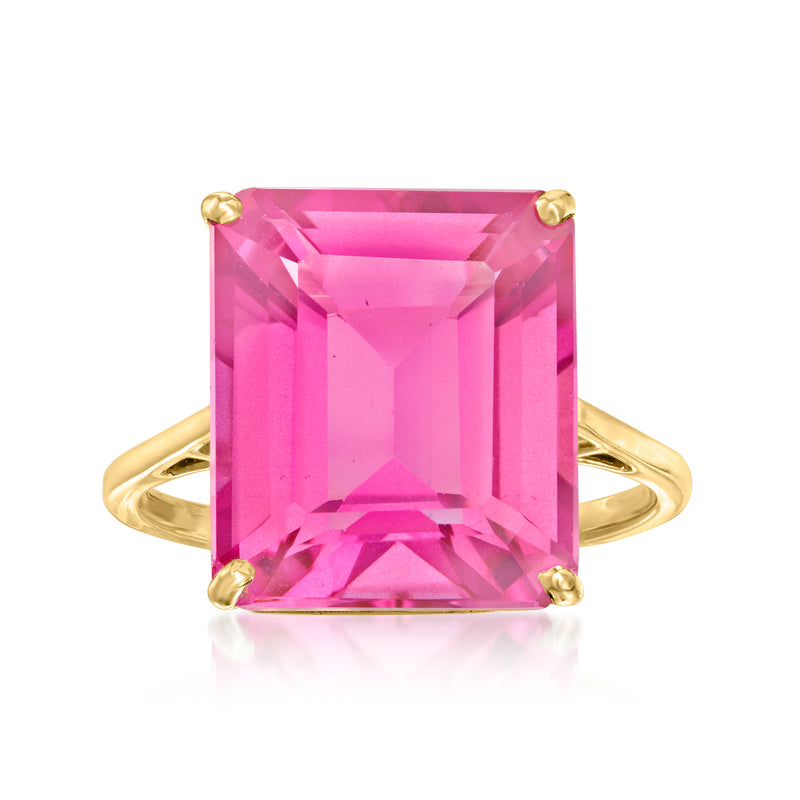 14kt yellow gold ring with emerald-cut pink topaz and four-prong setting