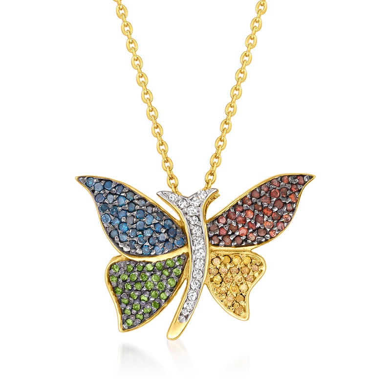 Multicolored diamond butterfly pendant necklace with gold chain and 18k gold over sterling