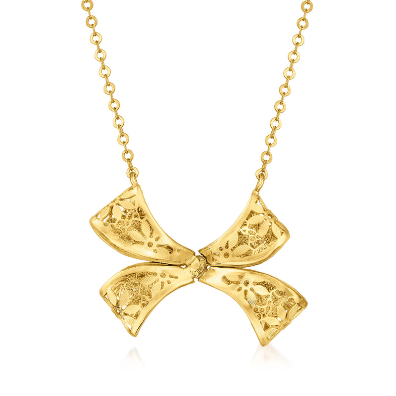 14kt yellow gold bow necklace with dangling chain and sculpted ribbon bow detail