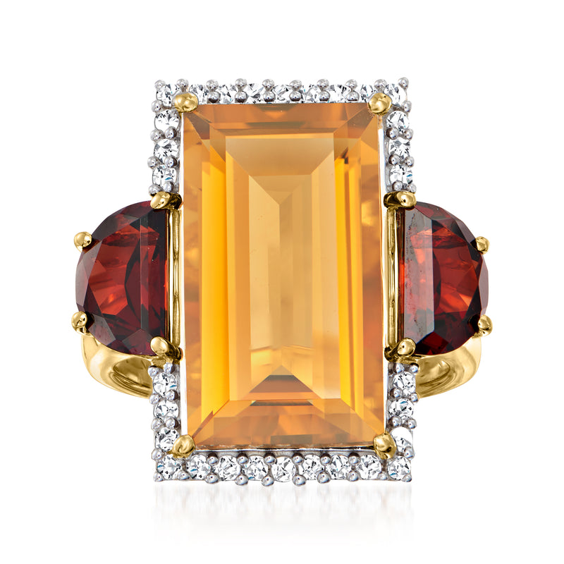 Cognac quartz rectangular ring with red garnet side stones, clear zircon halo, gold over sterling